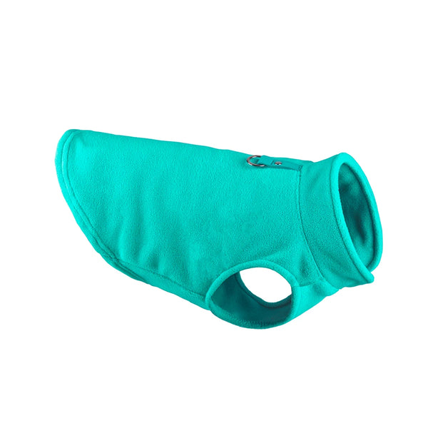 Teal quilted fleece dog vest with a leash attachment