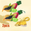 Two plush bird-shaped toys for cats featuring yellow, black, and pink feathers with green accents.