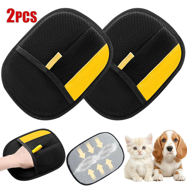 Two black pet grooming gloves with yellow accents shown alongside a small kitten and a dog.