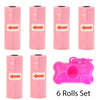 A set of six pink reusable pet poop bag dispensers with leash clips.