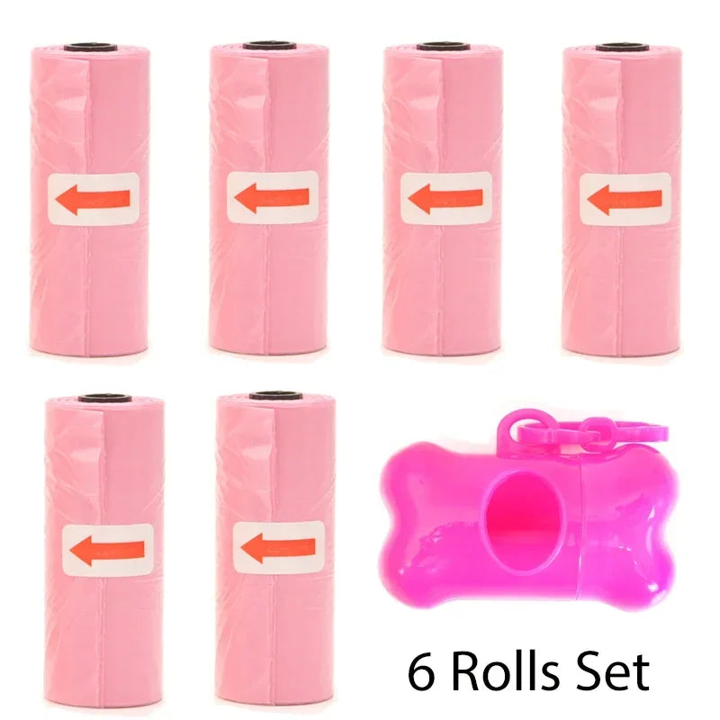 A set of six pink reusable pet poop bag dispensers with leash clips.