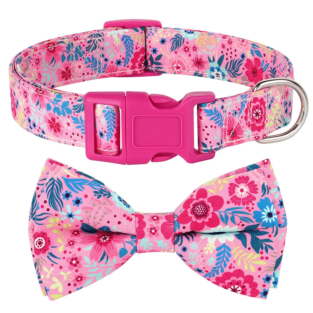 Pink floral nylon dog collar with an adjustable bowknot