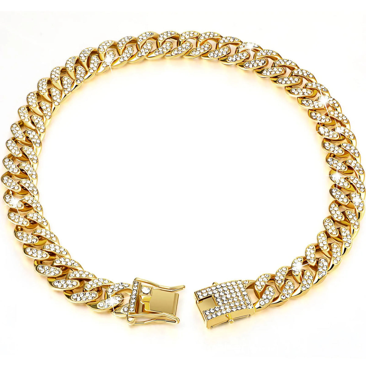 Goldfarbener Strass-Cuban-Kettenhalsband für Hunde vor weißem Hintergrund.