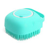 A light blue silicone pet shampoo brush and grooming comb with a rounded head and bristles.