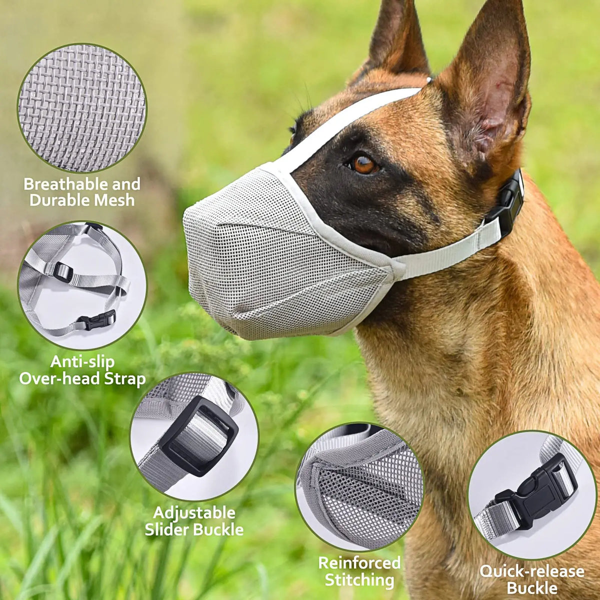 A close-up of a gray breathable mesh dog muzzle with an adjustable strap and reinforced stitching shown on a German Shepherd.