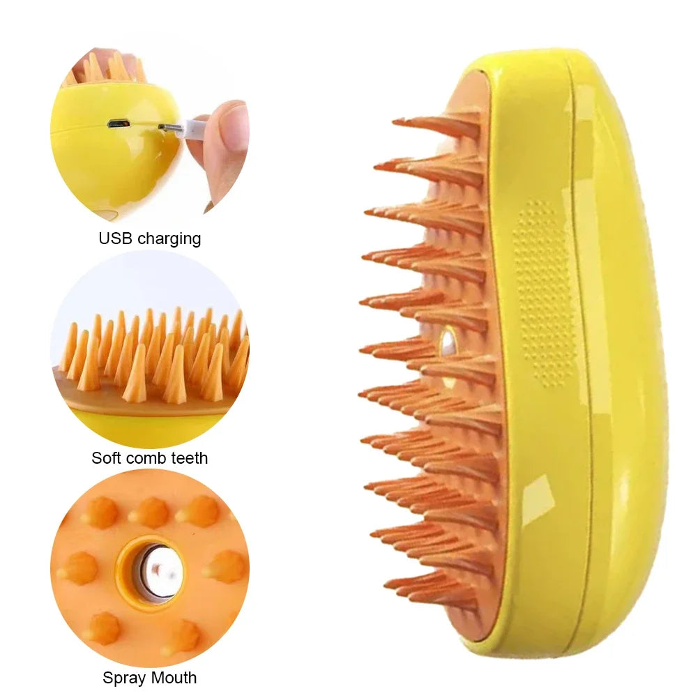 Yellow 3-in-1 pet grooming brush featuring USB charging, soft comb teeth, and a spray mouth.