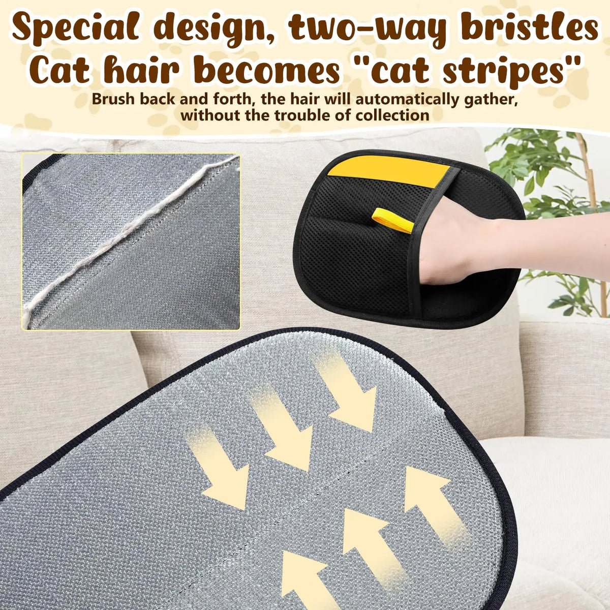 A black grooming glove with two-way bristles is shown next to a gray fabric mat displaying hair gathering patterns.