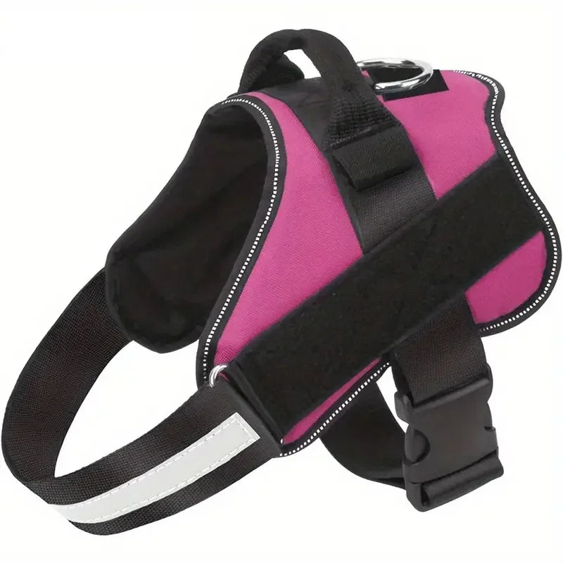 A pink and black adjustable reflective dog vest harness with a metal handle.
