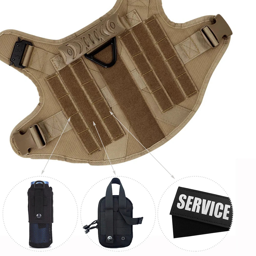 Tactical dog harness set featuring a collar, leash, and MOLLE pouches for large breeds