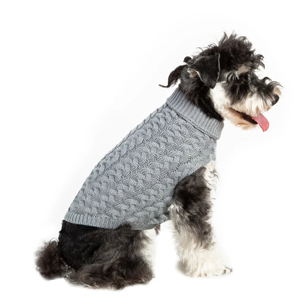 Un pull classique pour chiot en peluche porté par un petit chien noir et blanc.