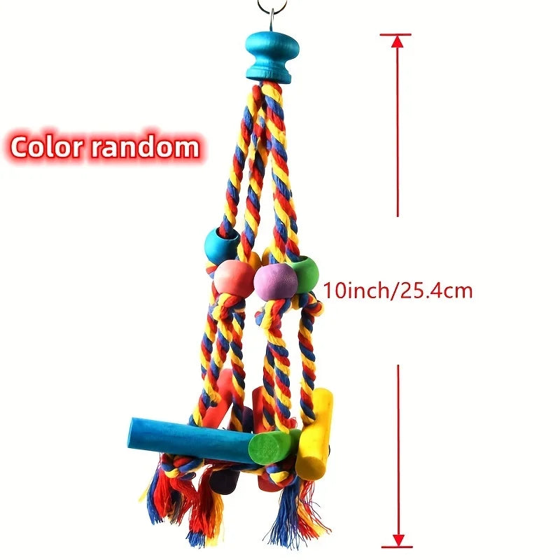 A colorful rope toy with a wooden handle and cotton strands, designed for parrot chewing.