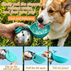 A puppy is drinking water from a portable stainless steel dog water dispenser, with various components shown for easy feeding