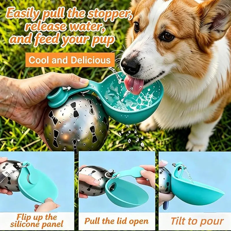 A puppy is drinking water from a portable stainless steel dog water dispenser, with various components shown for easy feeding