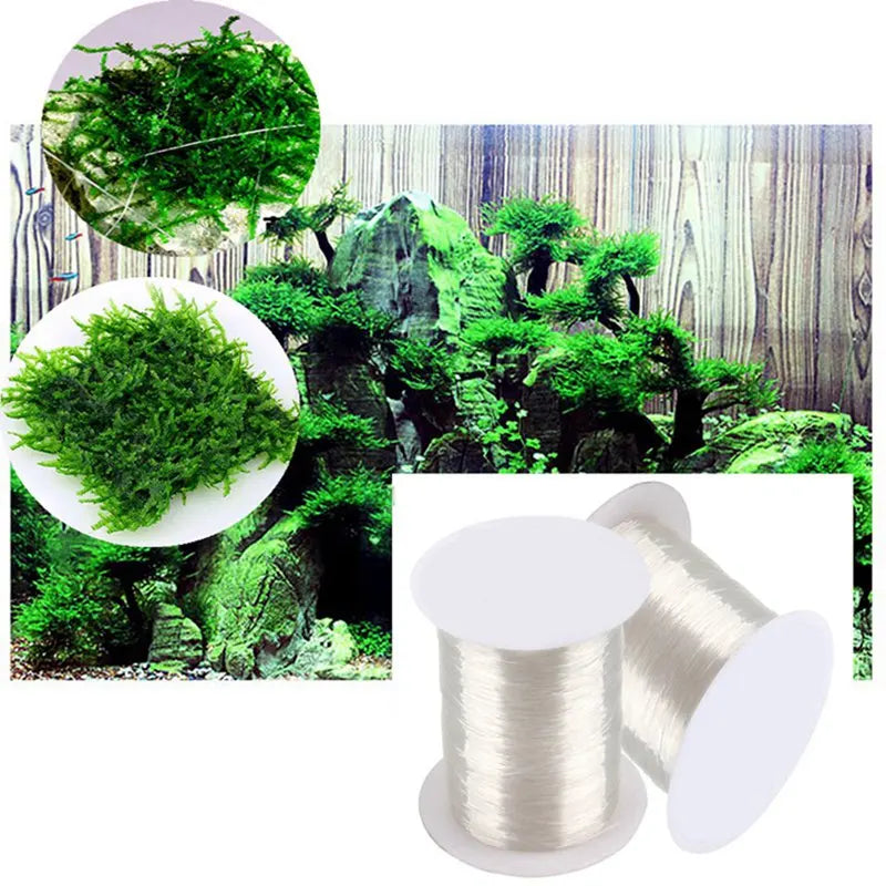 A coil of transparent nylon moss line used for aquariums, shown alongside various green moss samples.