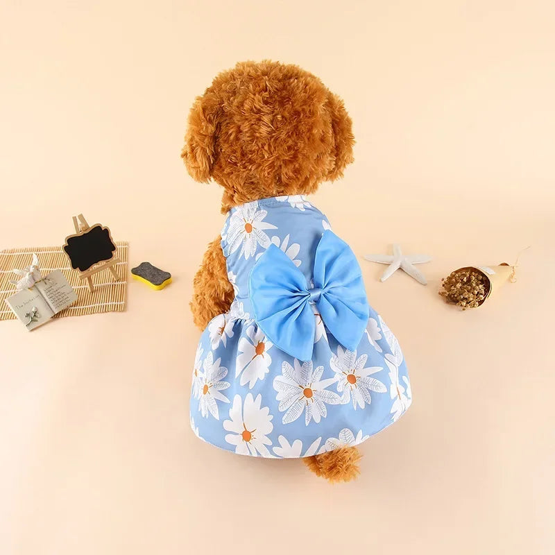 Princess-Style Summer Dog Dress with Bow for Small Breeds