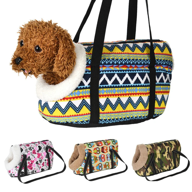 Braunes Hundethema-Stoff-Rucksack-Trage mit weißem Zierrand und schwarzen Riemen.