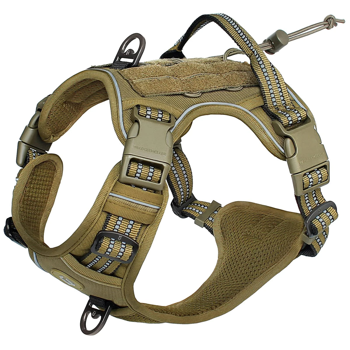 Tan taktisches Hundeharness mit reflektierender Gurte und MOLLE-Verstrebungen.