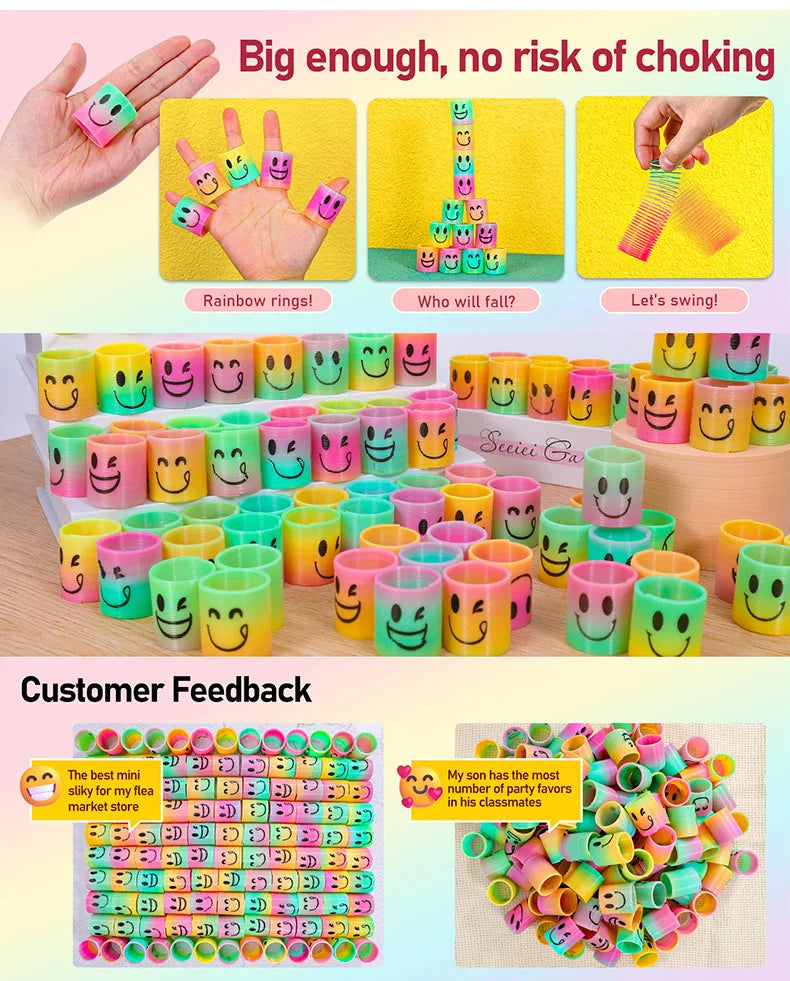 A colorful set of spring coil toys in various colors and shapes for children
