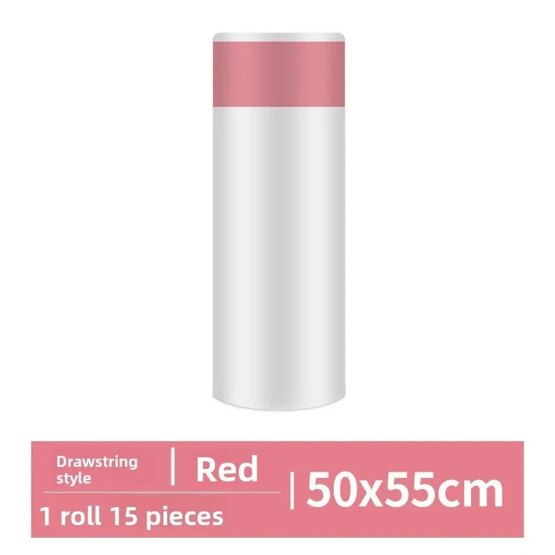 A roll of red drawstring trash bags with handles, measuring 50x55cm.