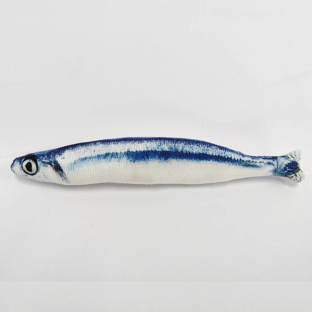 A small, elongated fish-shaped plush toy with white and blue markings.