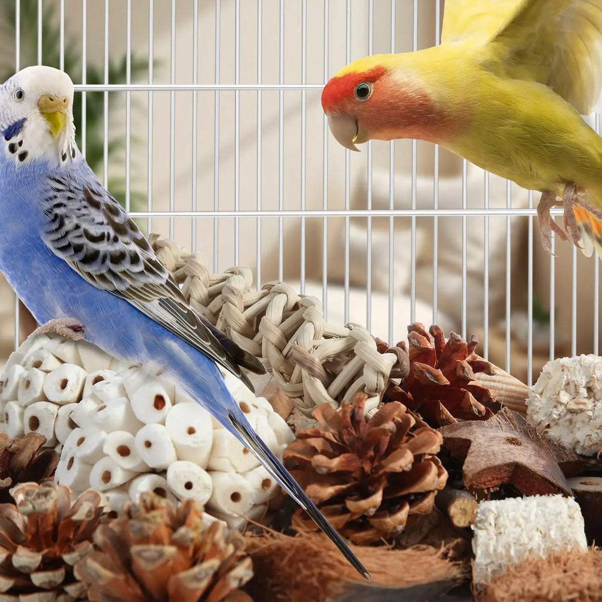 Natural Foraging Box Bird Toy with Foot Toys for Parakeets, Cockatiels, Conures, and Lovebirds