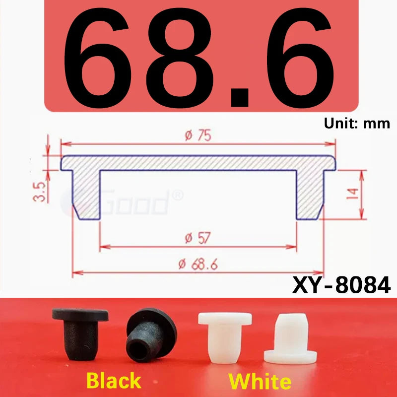 Black and white silicone rubber hole plugs shown next to a measurement diagram.