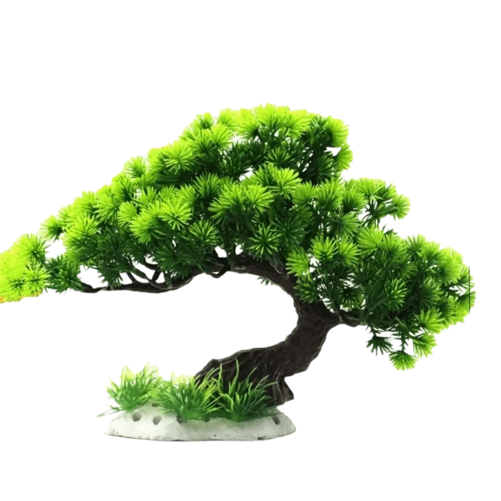 Lifelike artificial aquarium plant shaped like a green pine tree with a small base.