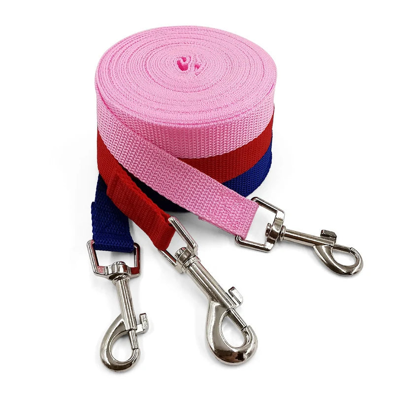 Pink and red nylon dog training leash with solid color long lead