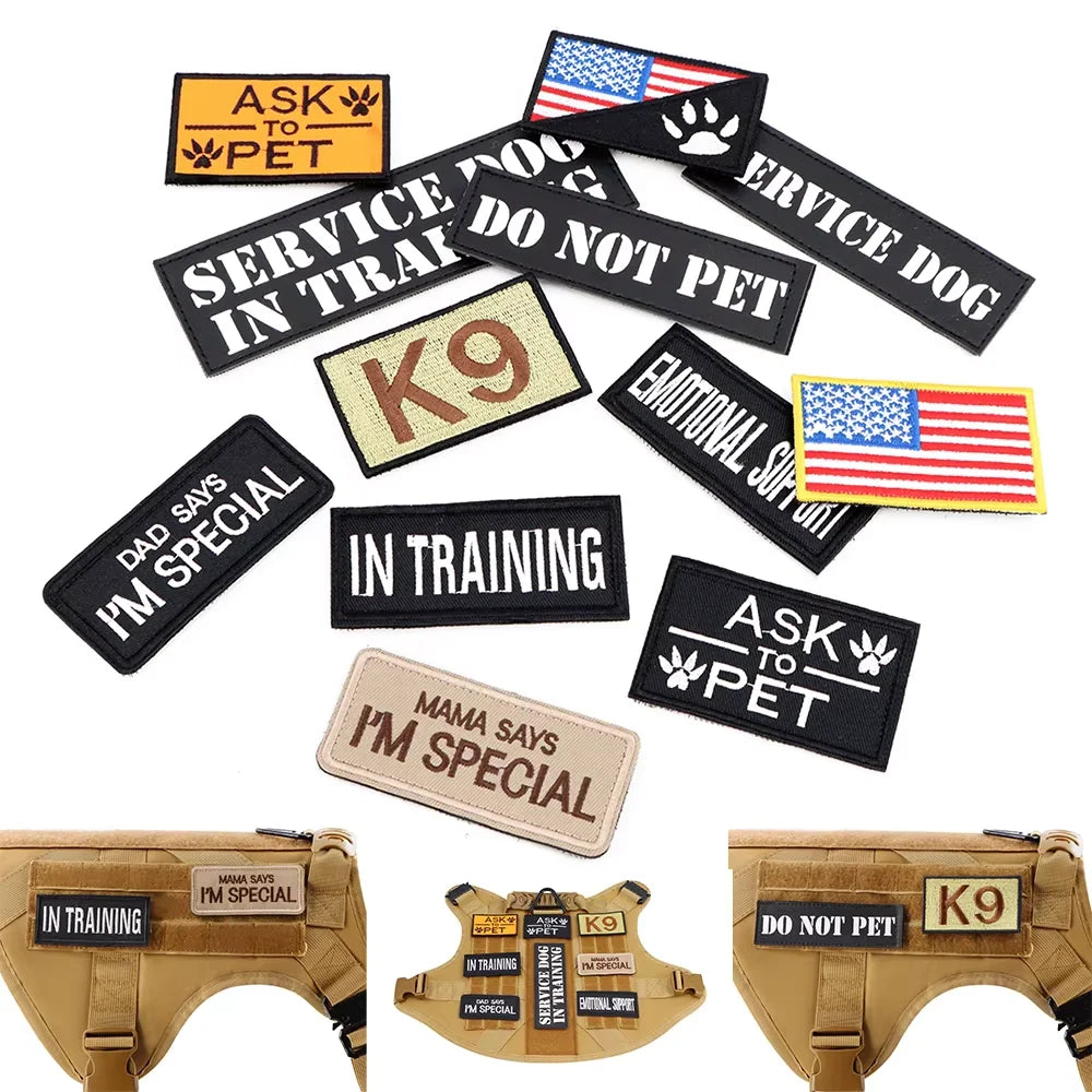 A set of personalized tactical patches featuring text like ASK TO PET and IN TRAINING for dog gear.