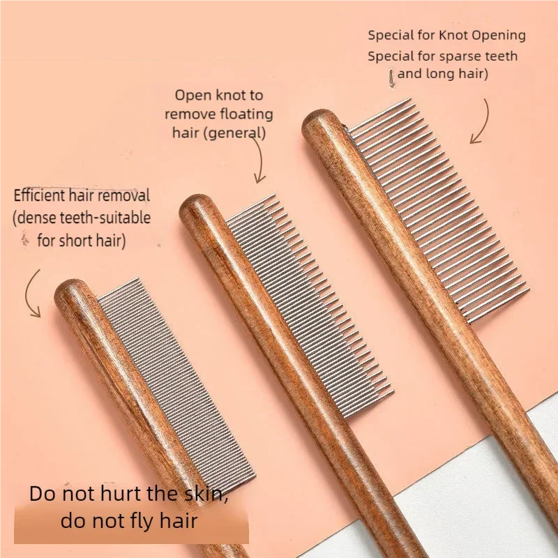 Three wooden pet brushes with metal teeth shown against a peach background for hair removal