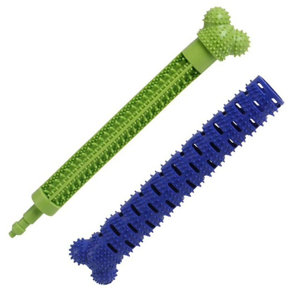 A pair of green and blue dog dental chew bones with rubber cleaning bristles.