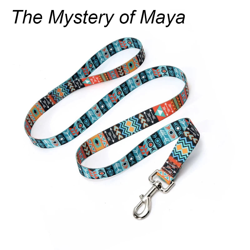Ethnic striped pattern dog leash featuring a colorful fabric strap and metal D-ring.