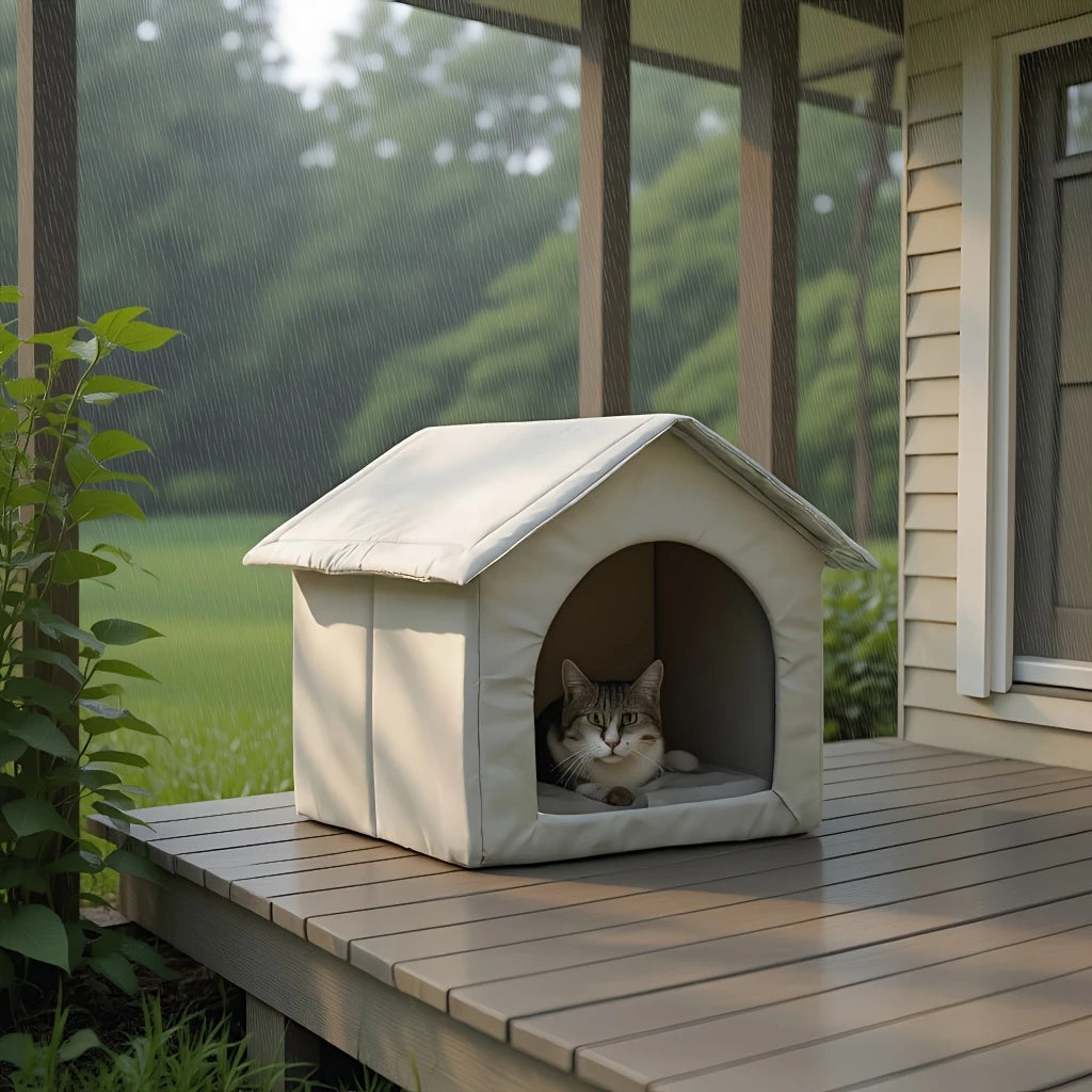 A light beige waterproof insulated cat house with a removable roof sits on a wooden deck surrounded by greenery.