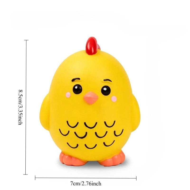 A yellow latex squeaky duck toy with a red beak and orange feet.