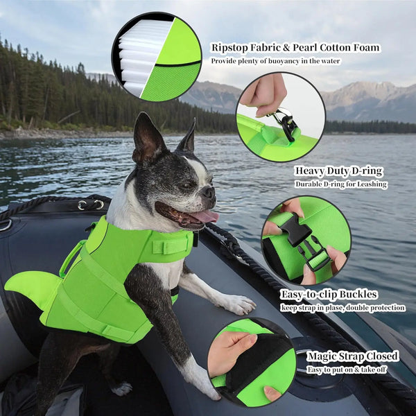 A bright lime green dog life jacket with a D-ring and clip buckles is shown on a dog in a boat, designed for swimming.