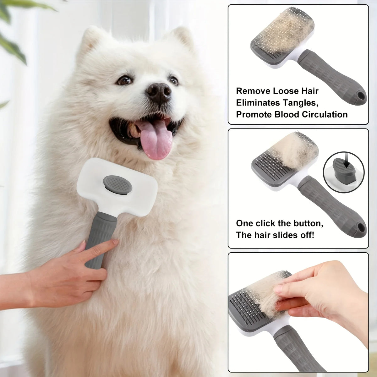 A grooming brush set for dogs featuring a slicker brush and flea comb, shown alongside usage instructions.