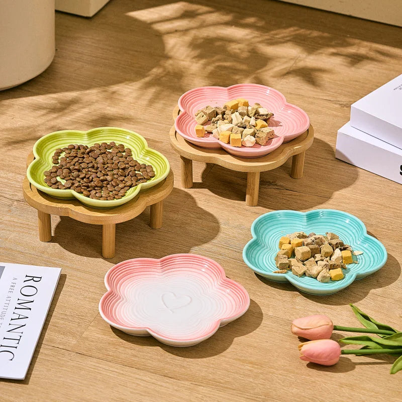 Ceramic Pet Bowl with Wood Stand – Elegant Bow Knot Design