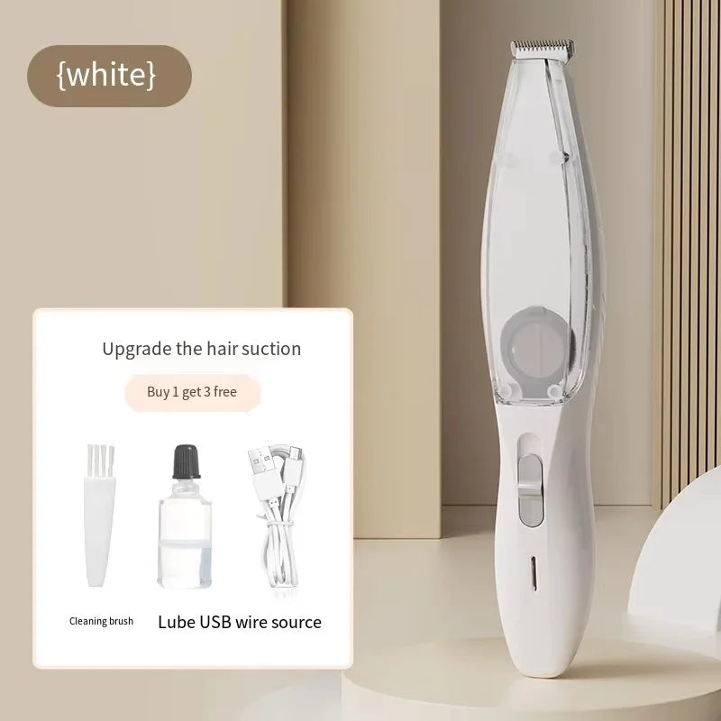 Weißer 2-in-1 Haarscherer und Trimmer für Haustiere mit klarem Schutz und Reinigungsbürste.