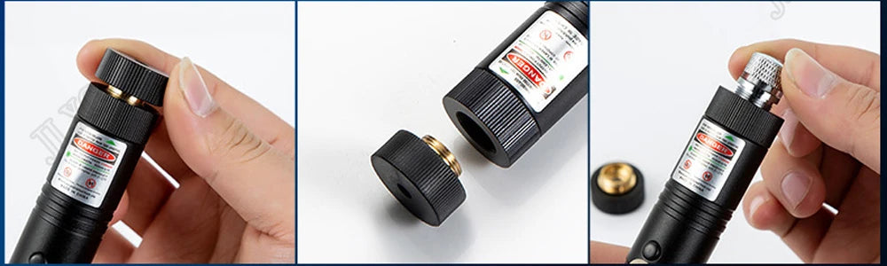 A hand holds a black portable laser pointer training torch, showing the device and its components.
