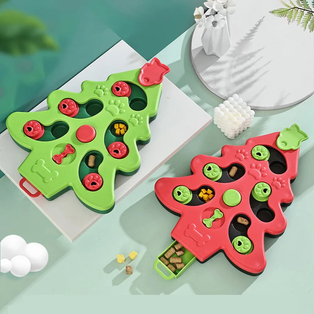 A bright green and red interactive puzzle slow feeder bowl for pets is displayed on a light surface.