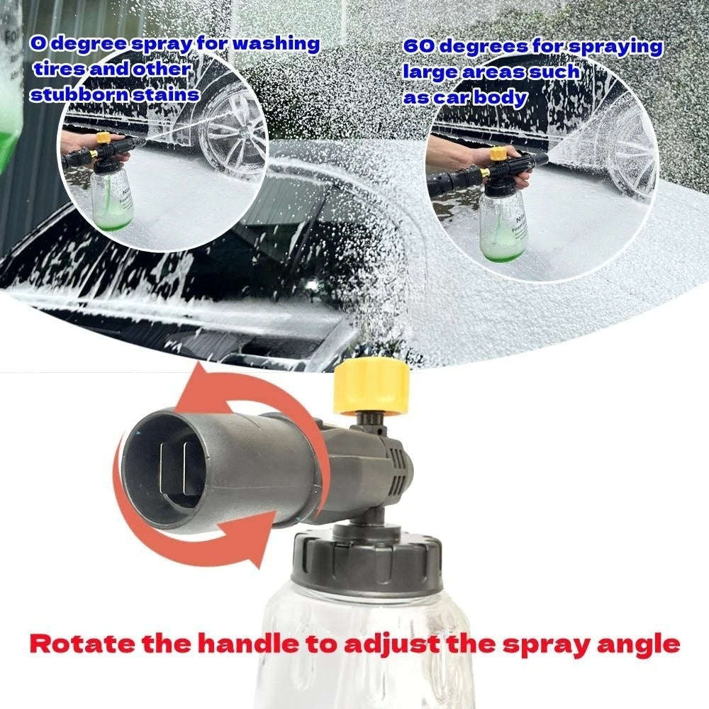 Heavy-duty foam cannon with a 1000ml bottle used for washing tires and large areas.