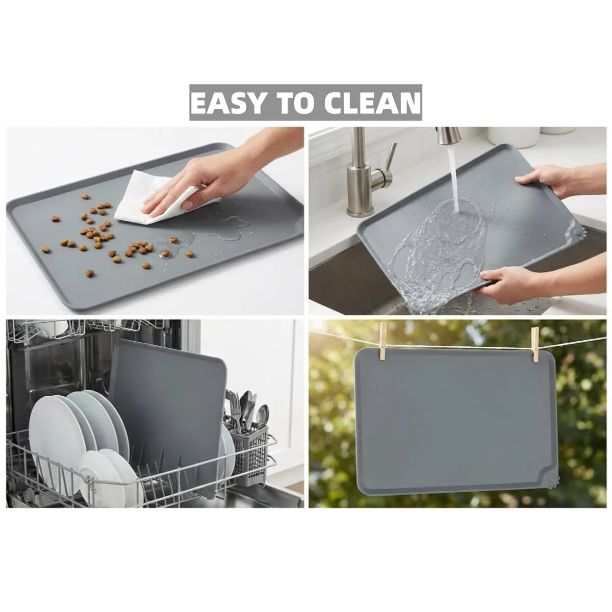 A gray silicone pet feeding mat being washed under running water, demonstrating its easy to clean feature.
