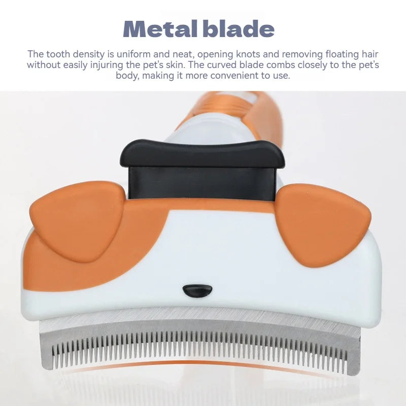 An orange and white pet thinning comb with a metal blade is shown, ready for use.