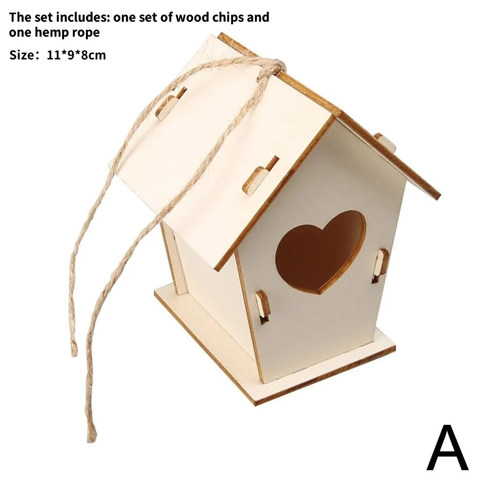 Unfinished Wooden Bird House Kit with Hemp Rope for DIY Painting