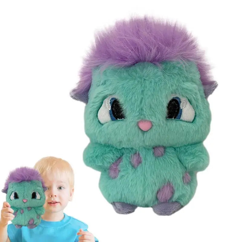 A small child is holding a green and purple plush toy resembling an anime character.