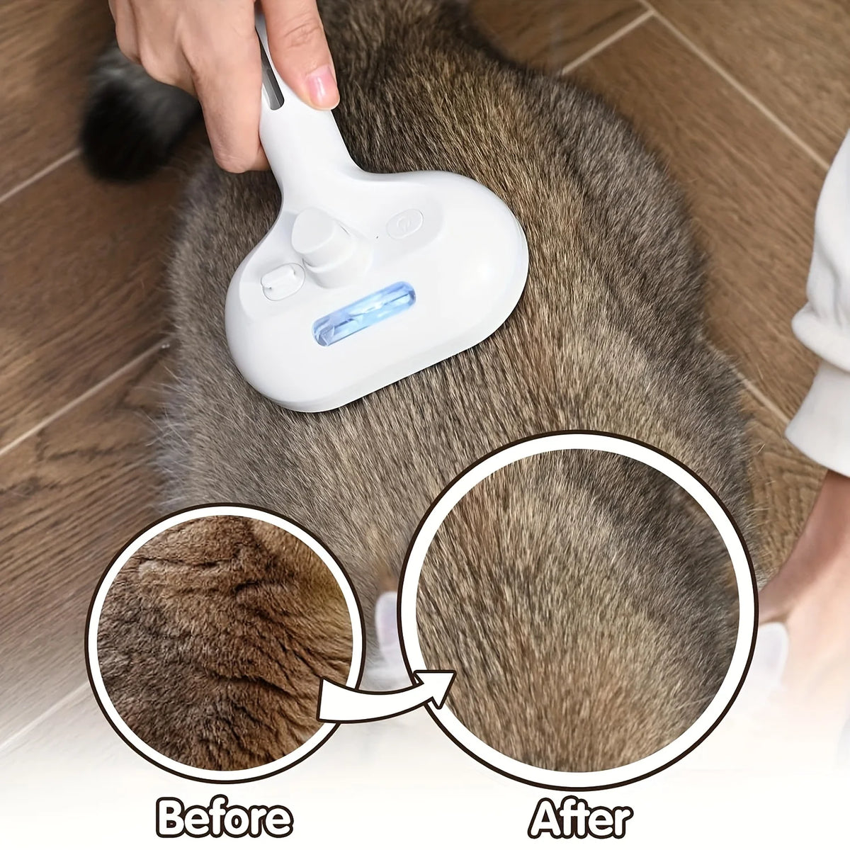 A hand is using a white steam pet hair remover device on a dog's fur, showing before and after results.