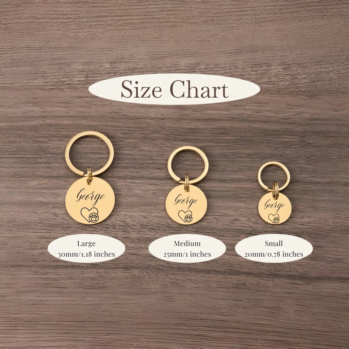 Size chart showing different sizes of personalized stainless steel pet ID tags: Large, Medium, and Small.