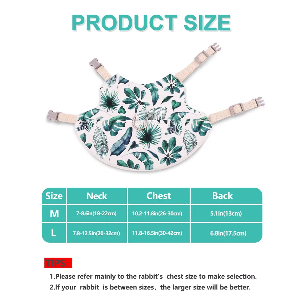 A light green and white printed rabbit harness vest with adjustable straps shown for product size reference.