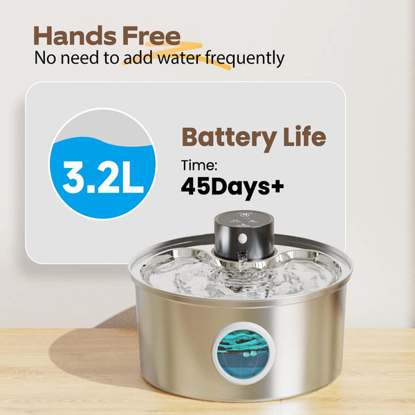 Stainless steel pet water fountain with a visible water flow and battery life information
