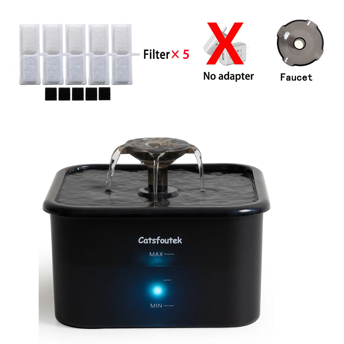 A black cat water fountain device with a ceramic spout and filtration components shown next to it.